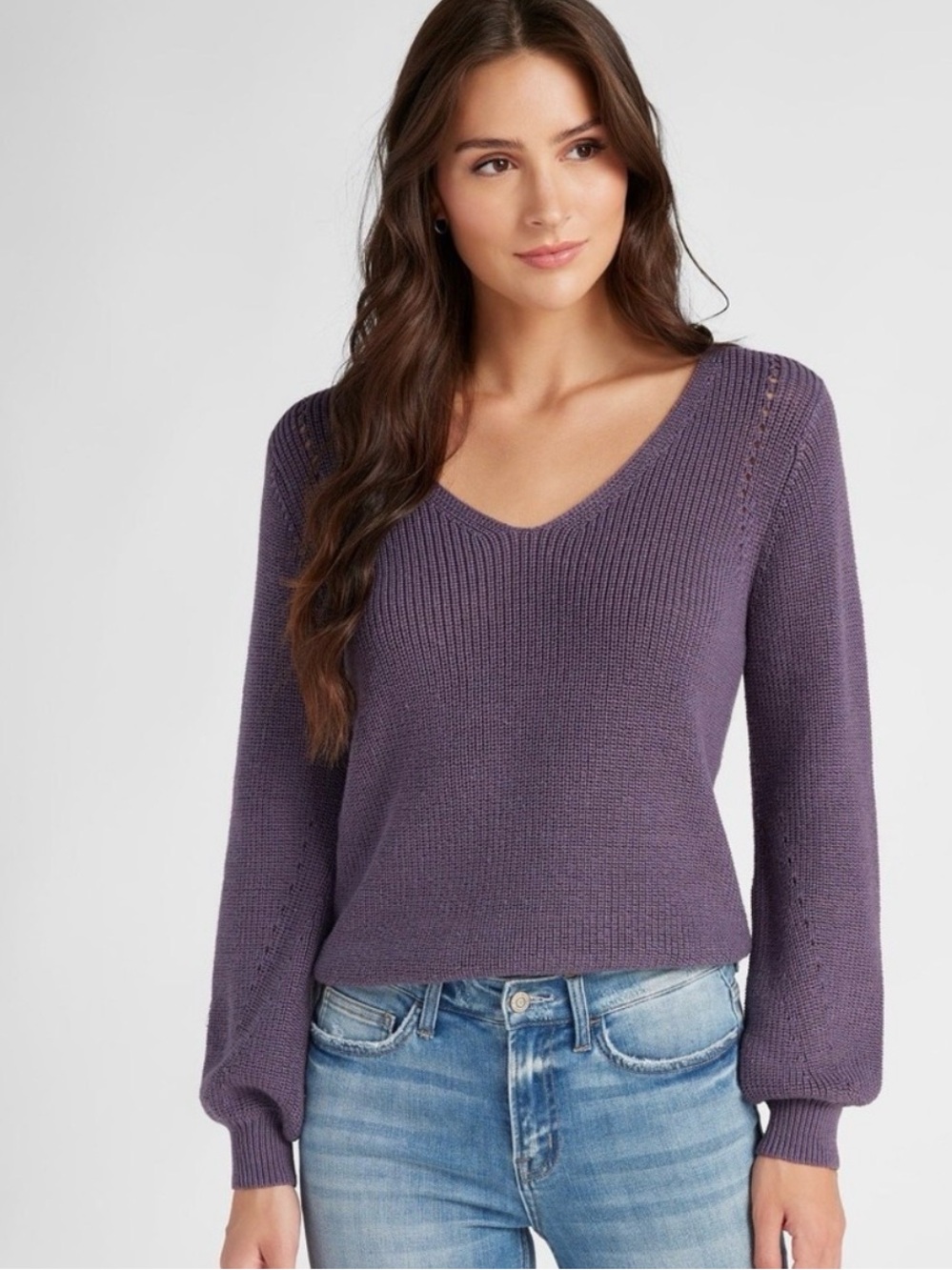 Coastal V Neck Ballon Sleeve Sweater in Lavender - M ( 6 - 8 )